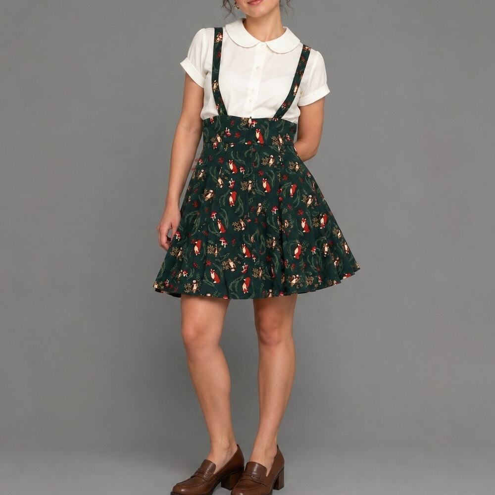 Collectif Vintage Fox Mushroom Overall Dress Sz Large Green Forest Fairy Jumper